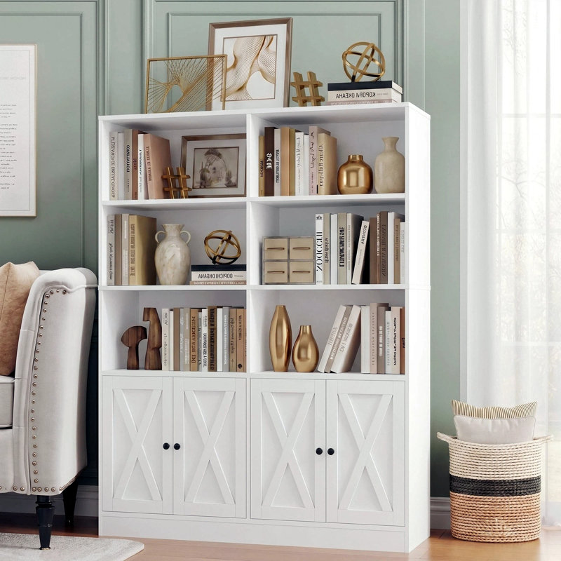 H Bibliothèque à 5 niveaux H 70 "x l 47" avec 3 tablettes ouvertes, 2 armoires | Grande armoire de rangement pour la maison et le bureau