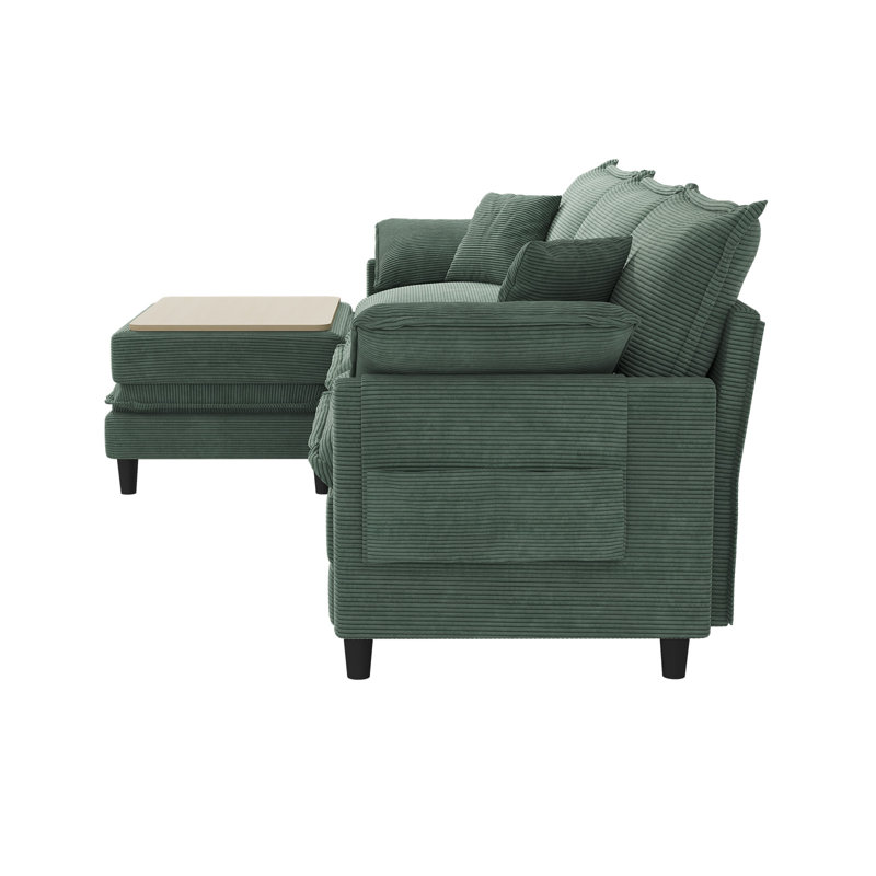 108'' Comfy  L Shaped Sectional Modular Cloud Sofa with Ottoman, Tool-free Easy Assembly Corduroy Couch, Green