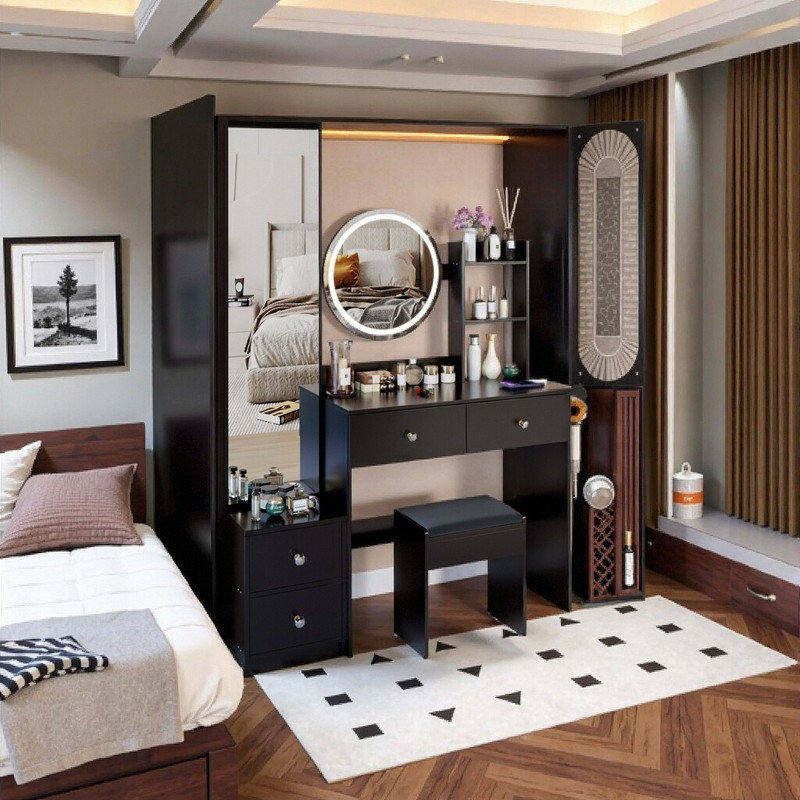 Ensemble de meuble-lavabo à miroir de 63 pouces avec centrale électrique, coiffeuse à DEL à 4 ports et tabouret, Noir
