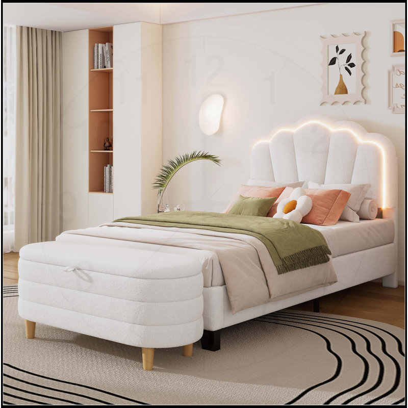 Twin Size Flower-Shaped Upholstered LED Platform Bed with Storage Ottoman, White Sherpa Fabric, Elegant and Functional
