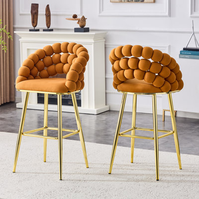 Ensemble de 2 tabourets de bar orange en velours avec pattes dorées et chaises capitonnées modernes