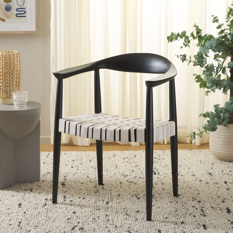 Thanusan Leather Woven Arm Chair, White Genuine Leather, Black