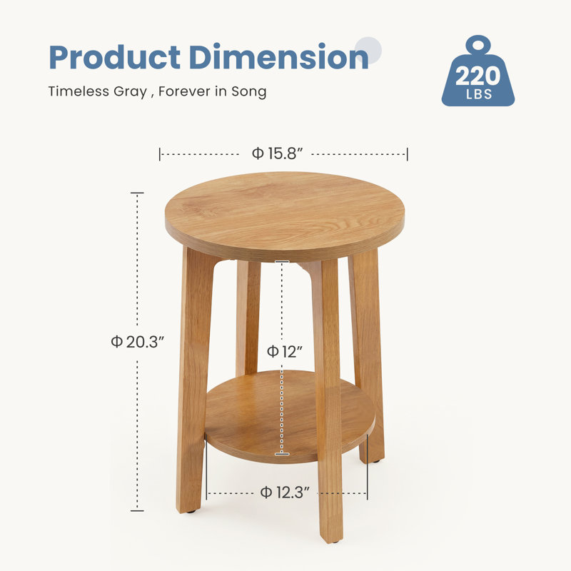 2-Tier Round Side Table with Tapered Legs, Small End Table for Living Room, Bedroom, Wood
