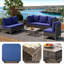 Ensemble de conversation 5 pièces en osier, canapé modulaire d'extérieur Boho avec coussins épais résistants à l'eau et table basse, brun / bleu