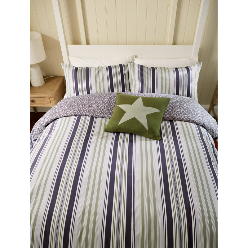 Beach House Stripe Cotton Duvet Cover Set, King Size Duvet Cover + 2 Pillowcases, Grey