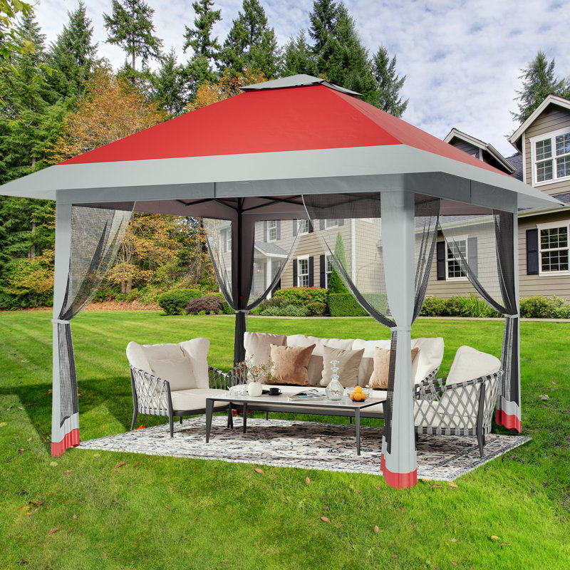 13x13 Pop-Up Gazebo with Double Roof and Mosquito Netting – Waterproof UV-Resistant Patio Canopy Tent, Red
