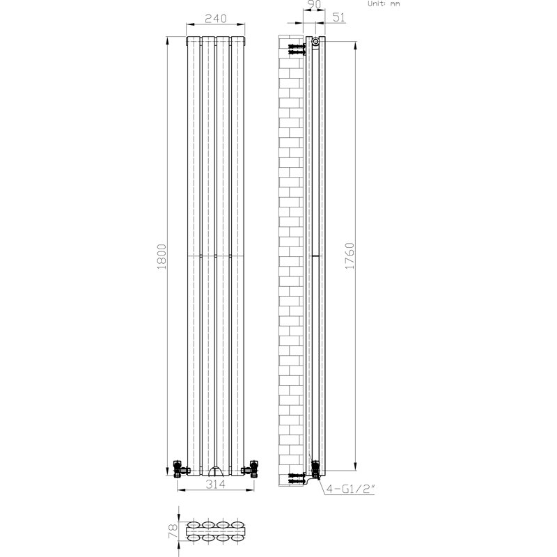 iBathUK Princia Vertical Double Oval Panel Radiator, White, 1800cm H x 240cm W x 79cm D