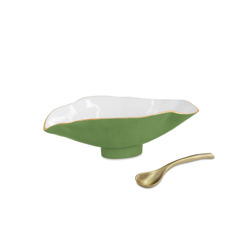 Encanto Claire Small Oval Bowl With Spoon, White/Leaf Green