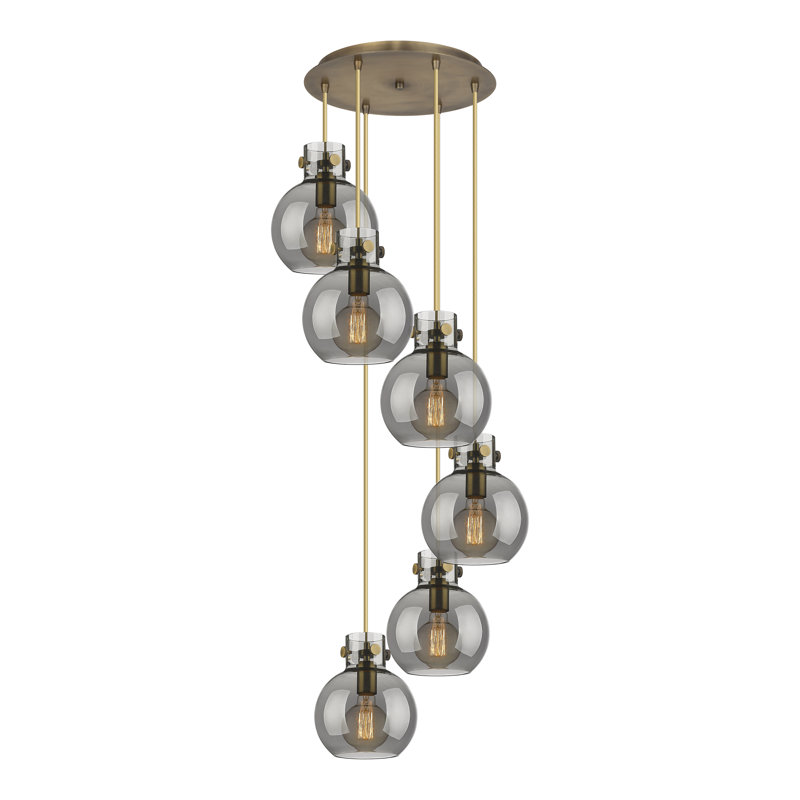 Luminaire suspendu sphère 6 lumières Amrith, Laiton brossé, Gris fumée clair