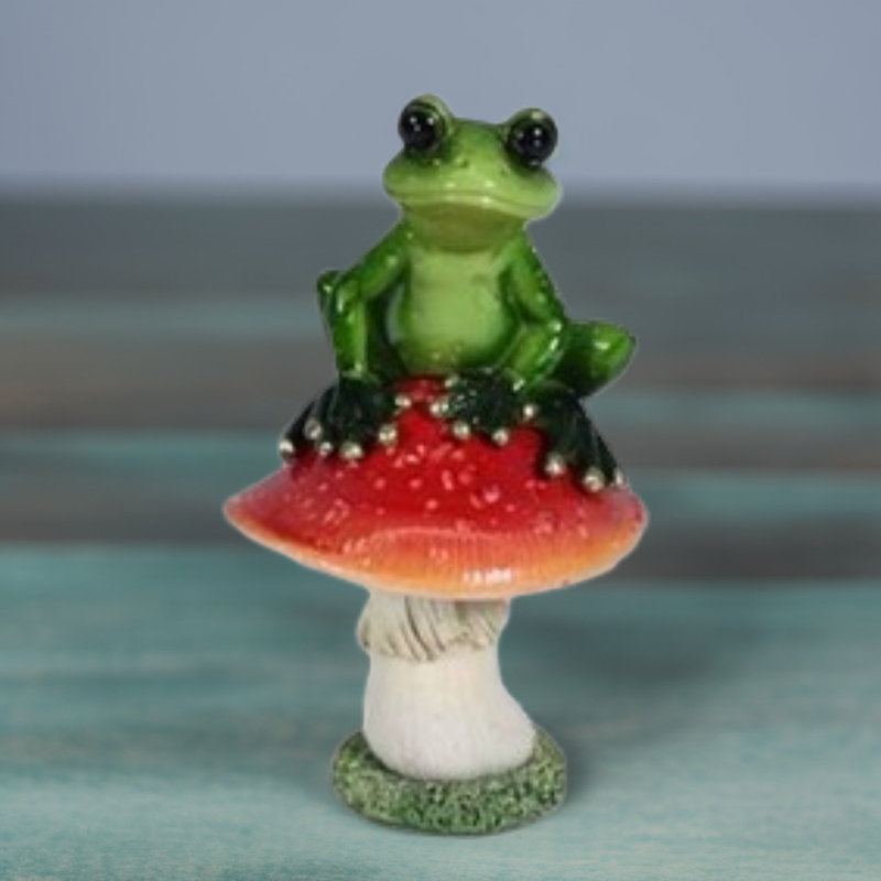 5"H Frog Sitting on Mushroom Figurine