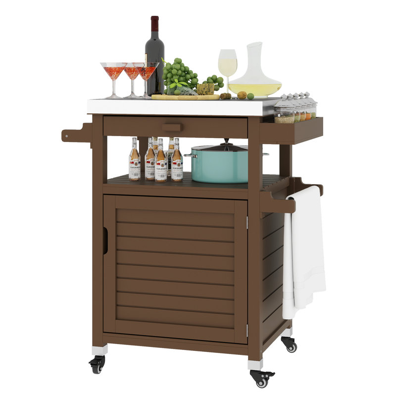 Ebern Designs Outdoor Storage Cabinet Wooden Movable Patio Table with Lockable Wheels