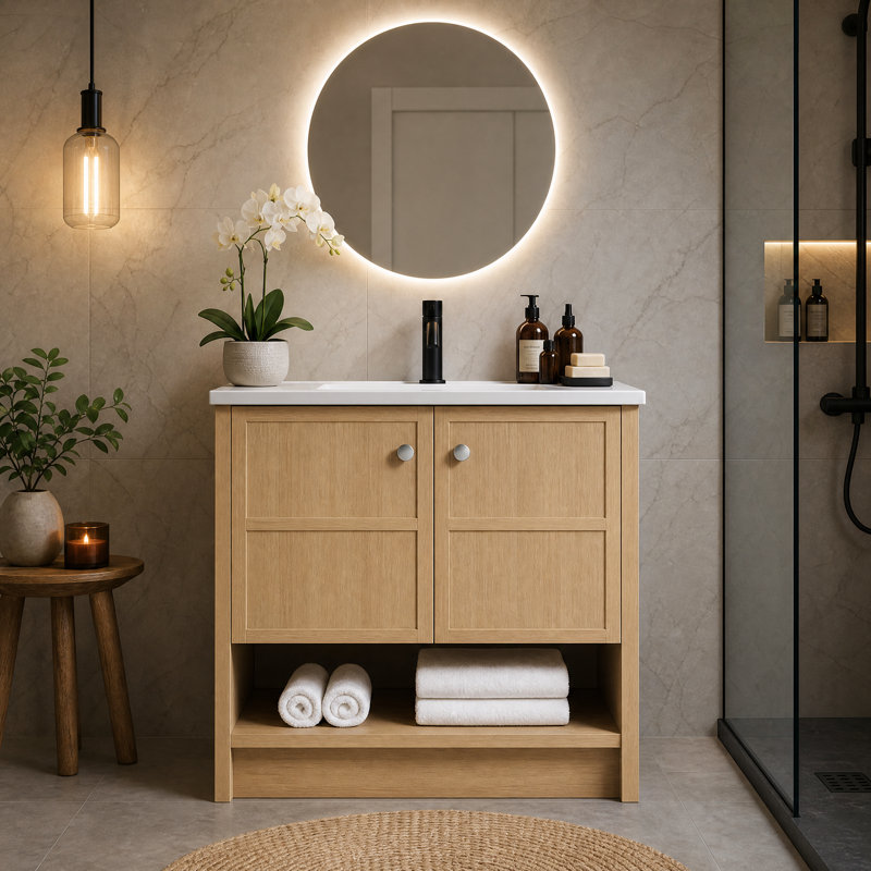 Meuble-lavabo autoportant de 24 po avec lavabo en céramique, 2 portes à fermeture douce et tablette ouverte, armoire de rangement en contreplaqué de chêne pour petite salle de bain, salle d'eau