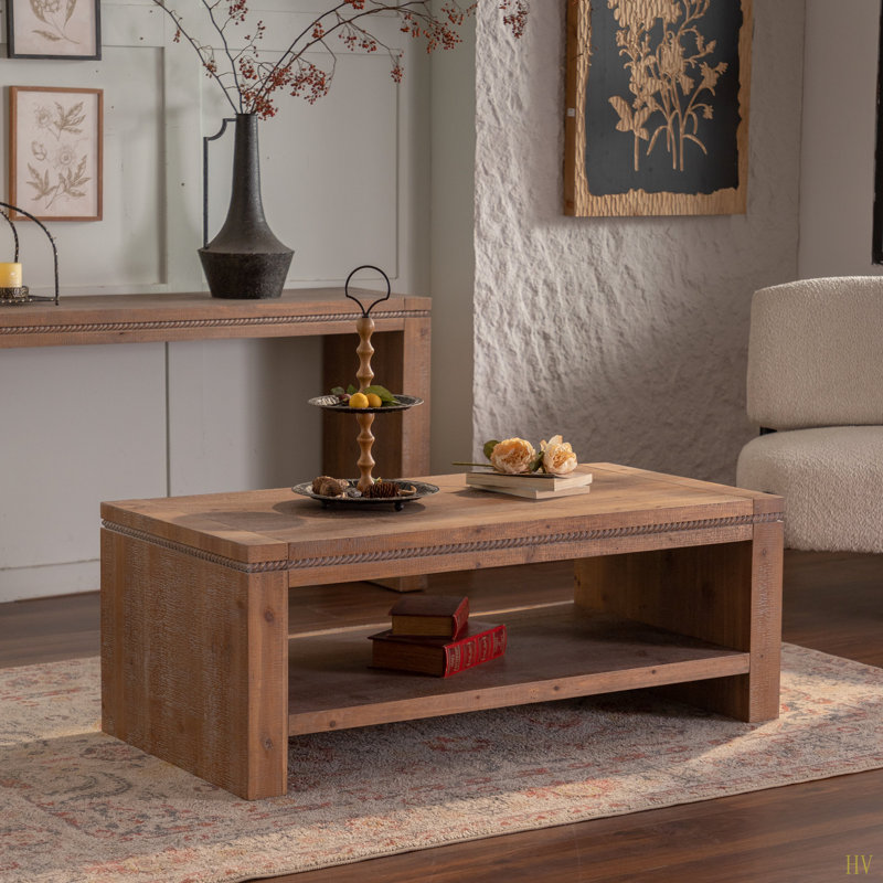 Table basse rectangulaire en bois massif avec bois massif pour le salon, grande table basse rustique à 2 niveaux avec tablette de rangement, bureau et appartement, assemblage facile