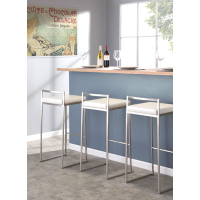 Tabouret de bar empilable contemporain 76 cm (30 po) - 40,6 x 44,5 x 86,4 cm (16 x 17,5 x 34 po) - Acier inoxydable et similicuir - Lot de 3 - Blanc - Design empilable