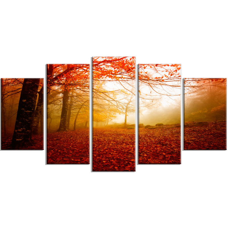 «Yellow Sun Rays in Red Forest», ensemble de 5 impressions sur toile tendue