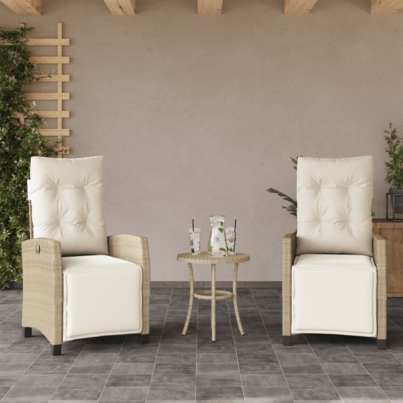 2 - Person Wicker Patio Dining Set with Round Table , Cushions Included, Beige, Beige