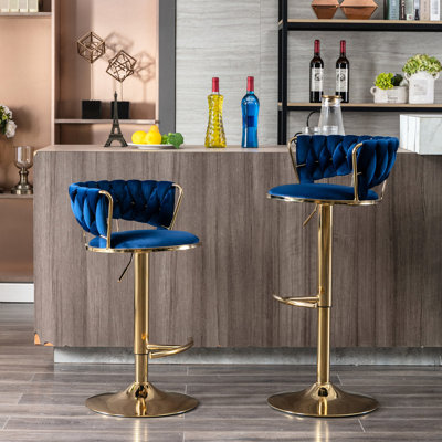 Tabourets de bar en velours bleu (2 pièces), pieds et repose-pieds et base dorés, tabourets à hauteur réglable par action mécanique, 2 pièces, surface, pieds, outils