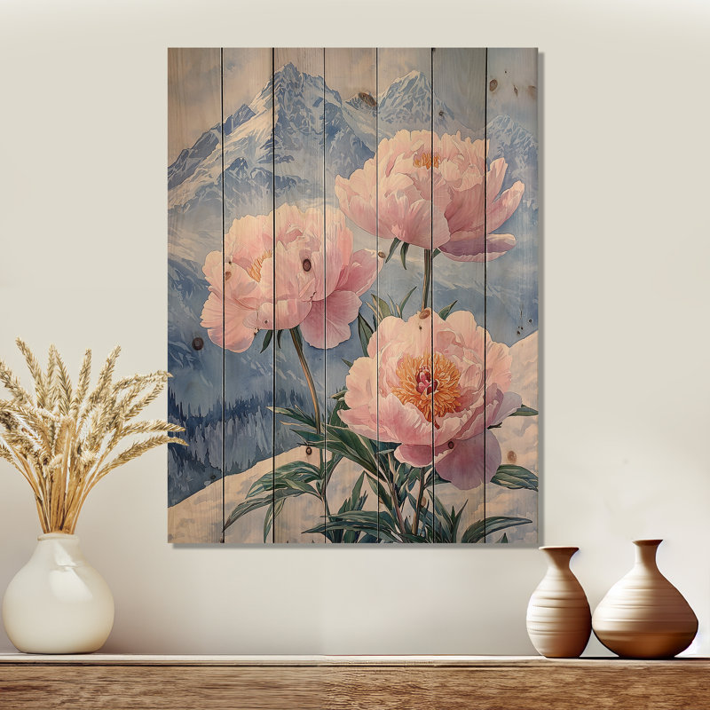 Pivoines par les sommets enneigés I - Décoration murale en bois de pivoines - sur bois de pin naturel