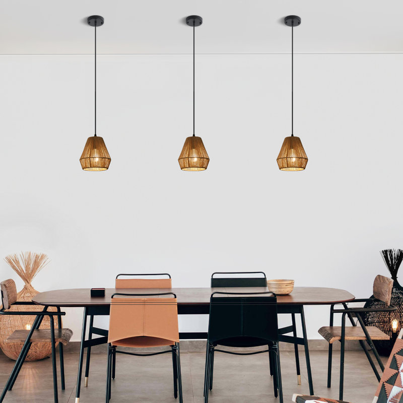 7.09 in. 2 Pack Boho Mini Rattan Pendant Light, Natural/Matte Black
