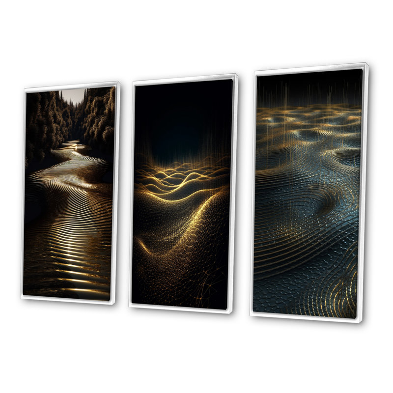 Lumière dorée réfléchie sur des ondes concentriques - ensemble de 3 impressions, H 40 po x l 60 po, Cadre flottant blanc