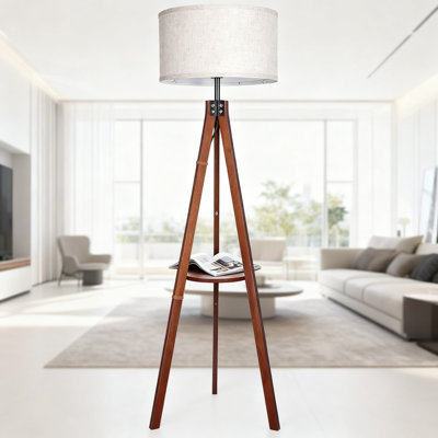 Dimmable Tripod Floor Lamp With Shelves And Remote Control, Mid Century Modern Standing Lamp With Flaxen Shade And Included Bulb For Living Room, Bedroom, Office