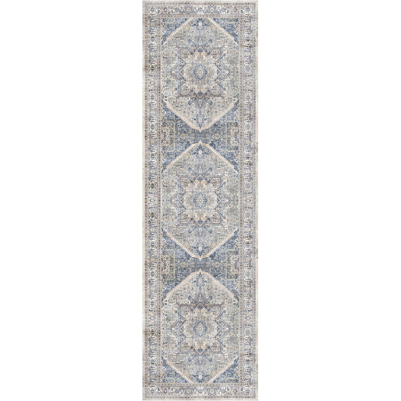 Vintage Performance Beige/Blue Area Rug, Runner 2'2" x 7'6"