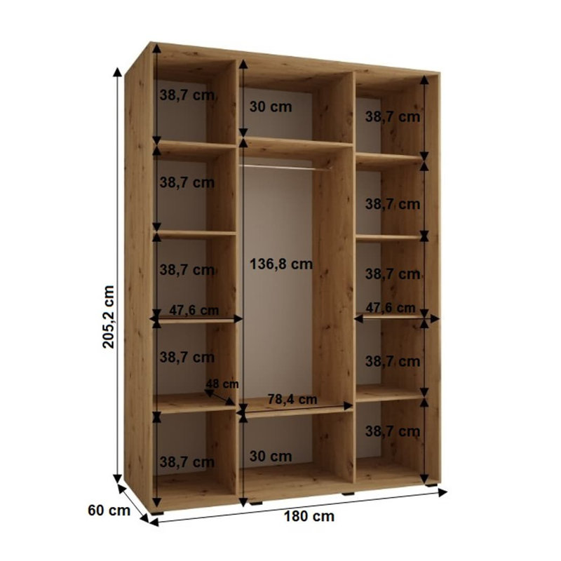 Auniya 3 Door Manufactured Wood Wardrobe, Oak Artisan, 205cm H x 180cm W x 60cm D