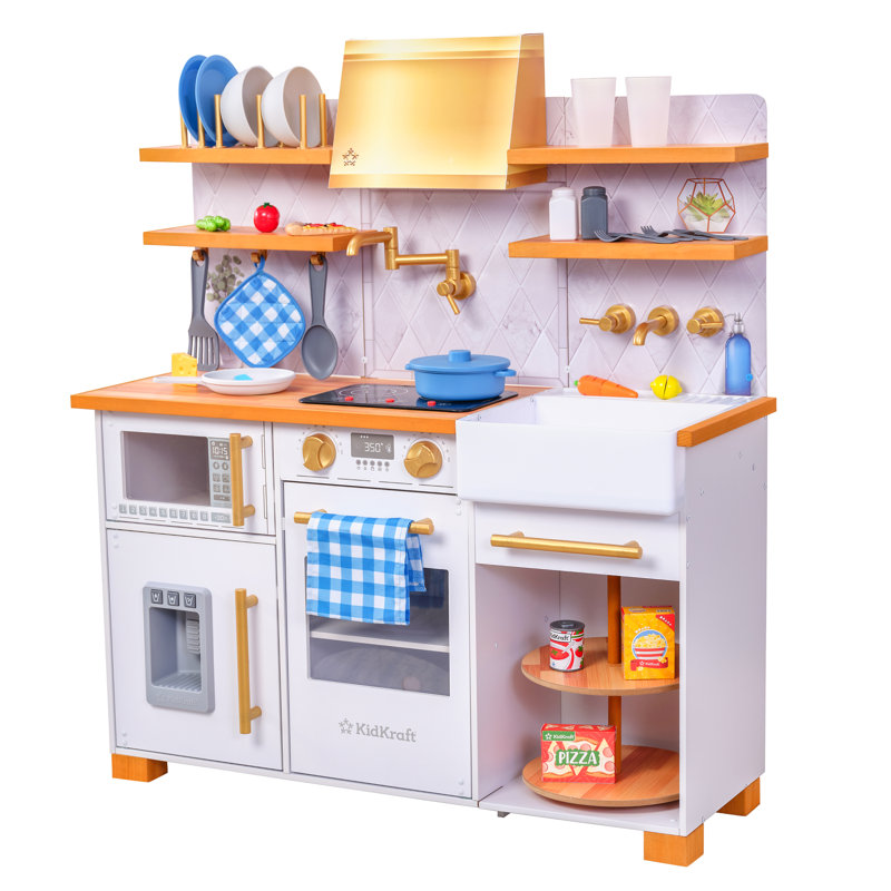 Simply Stylish Wooden Play Kitchen With Lights, Choppable Food And 30+ Accessories