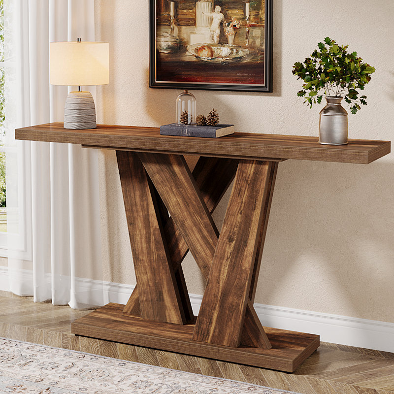 Rustic Brown 55'' Wood Console Table with Geometric Base