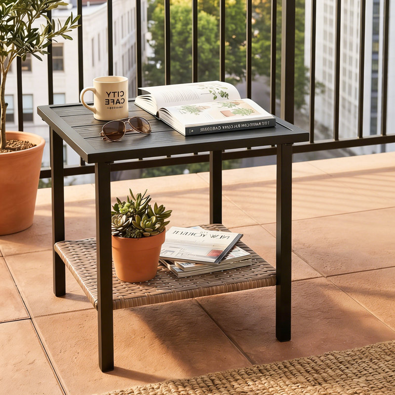 Outdoor Patio Side Table with Two-Tier Design and Durable Steel Frame, Square