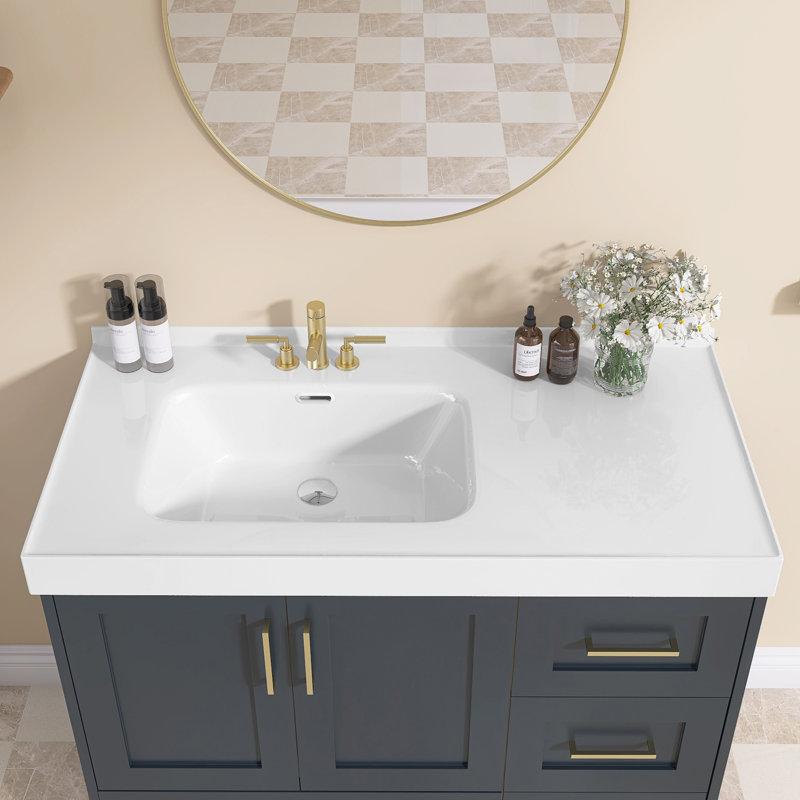 Comptoir de meuble-lavabo simple 43 po x l 22 po x P 43 po avec comptoir rectangulaire à surface solide avec dosseret en H 1,38 po et trois trous de robinet pré-percés
