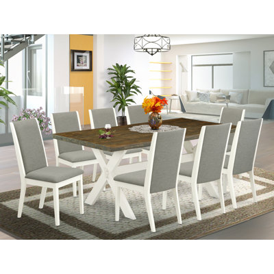 9 Piece Dining Table Set Includes a Rectangle Dining Room Table with X-Legs and 8 Shitake Linen Fabric Upholstered Parson Chairs, Wire Brushed Linen White