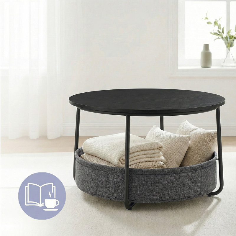 Round Center Table With Fabric Basket, Black/Gray