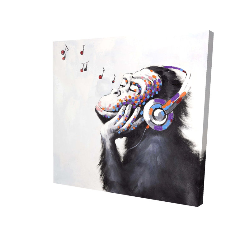 Singe écoutant de la musique - toile bleue, H 24 po x l 24 po