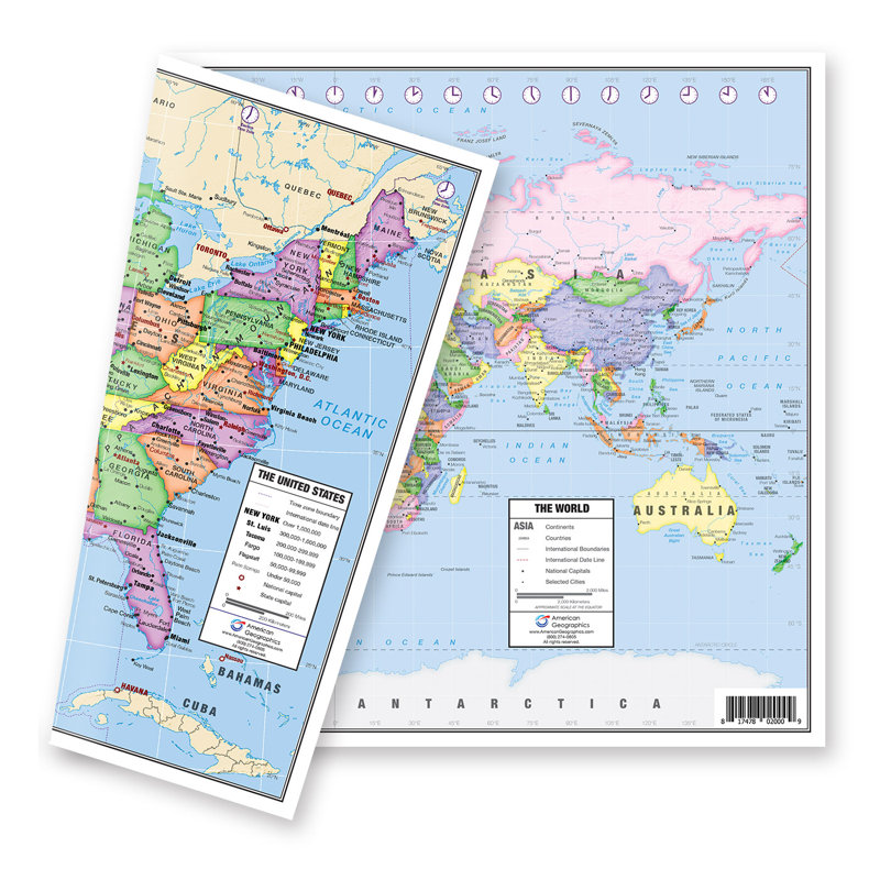 Carte de bureau stratifiée us et monde 13 po x 18 po