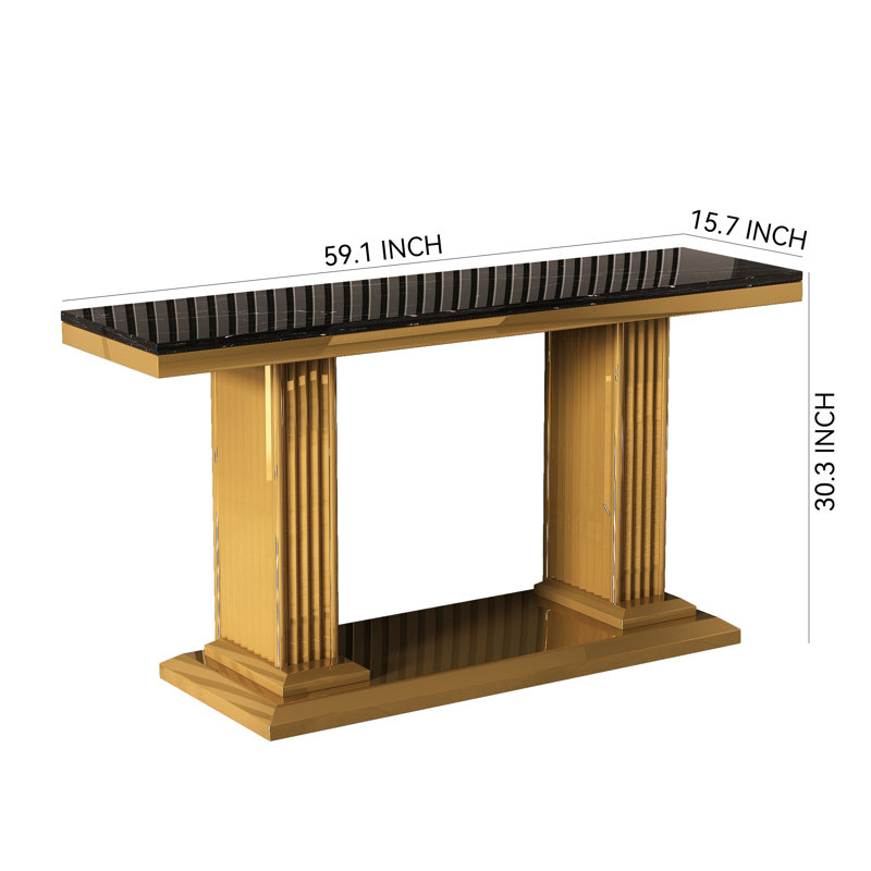 Halonna 59.1'' Marble Top Console Table, Gold, Black Marble