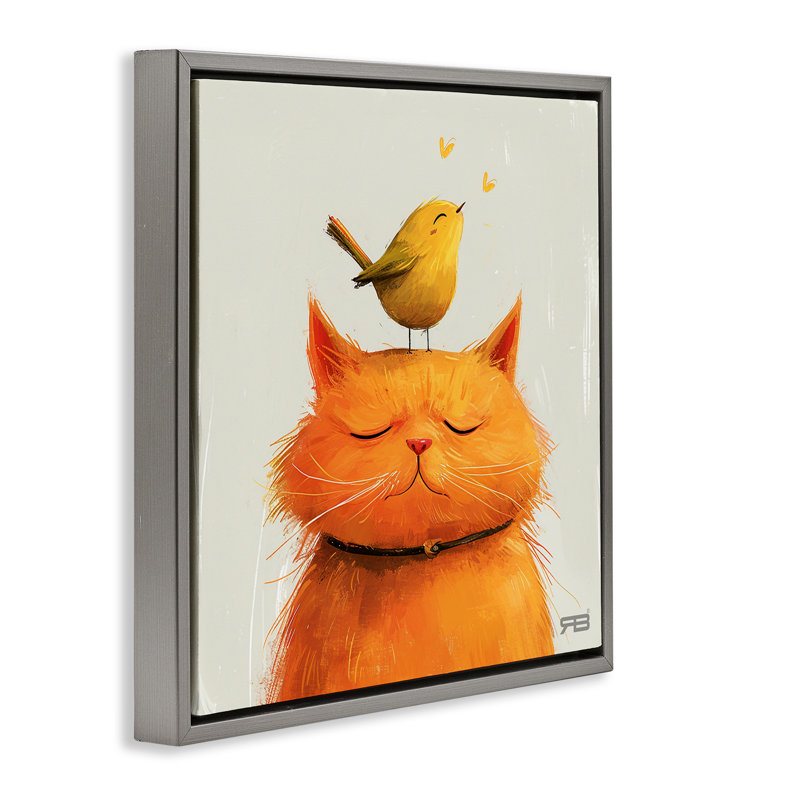Oiseau perché sur un chat, art mural sur toile flottante par Roozbeh Bahramali, H 25 po x l 25 po