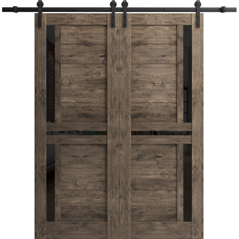 Porte de grange double robuste avec | Chêne cognac Veregio 7588 avec verre noir | Ensemble de 13 cintres lourds pour rail | Portes intérieures solides