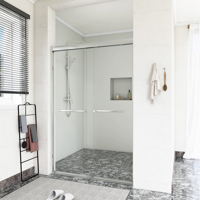 Porte de douche coulissante double l 44 à 48 po x H 72 po avec film antidéflagrant, Nickel brossé