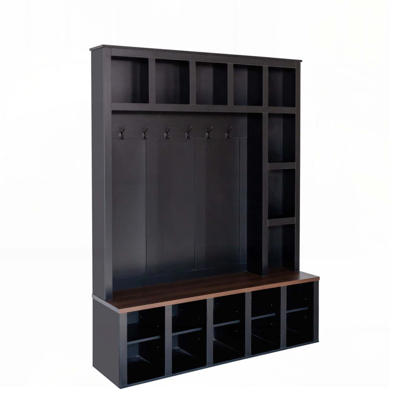 Hall Tree with 6 Hooks,Storage Bench with Adjustable Shelves, 4-in-1 Entryway Shoe Cabinet with 13 Cubbies, Black