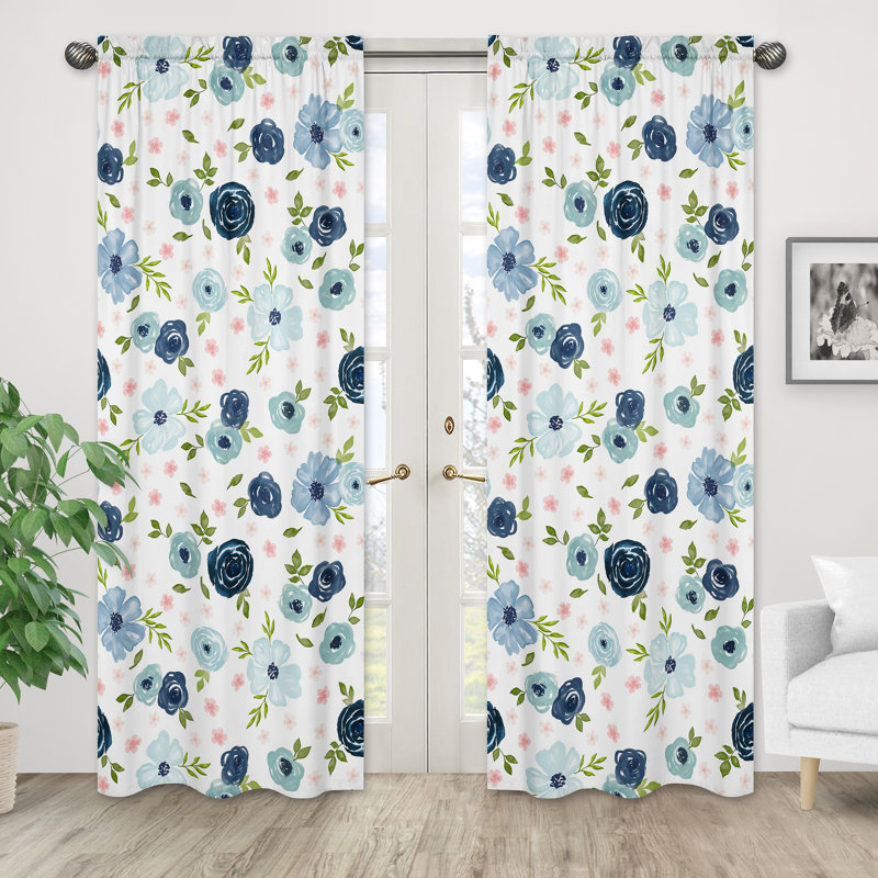 Watercolor Floral Semi-Sheer Rod Pocket Curtain Panels, Blush Pink/Green/Blue