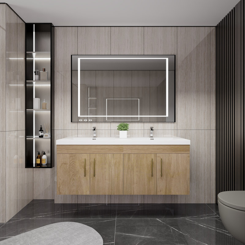 Romer 59''Wall-Mounted Double Bathroom Vanity Set, White Oak