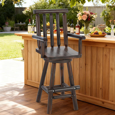 Solid Wood Adirondack Swivel Bar Chair, Rustic Outdoor Log Bar Stool With Slat Back, 500 Lbs Capacity, 29.78" Patio Counter Height Chair For Porch, Deck, Pub, Cabin, Carbonized