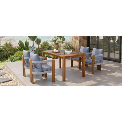 Solid Acacia Wood 5-Piece Outdoor Dining Set With Rope Woven Chairs And Cushions, Modern Farmhouse Luxury Patio Set