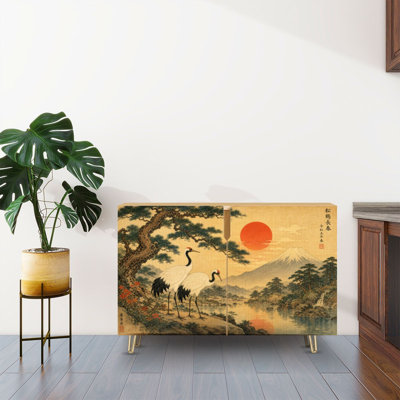 Sideboard Buffet Cabinet with Storage Cranes Pine Tree Landscape Red Sun Mountain View Traditional Japanese with 2 Doors for Living Room and Kitchen