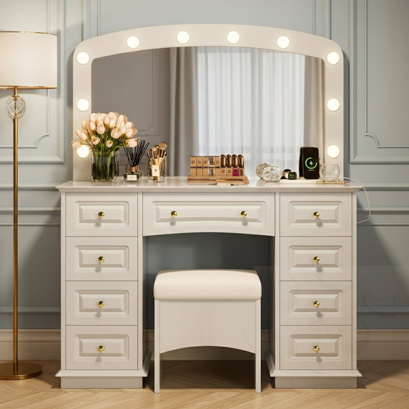 9-Drawer Makeup Vanity With 10 Hollywood Bulbs And Stool