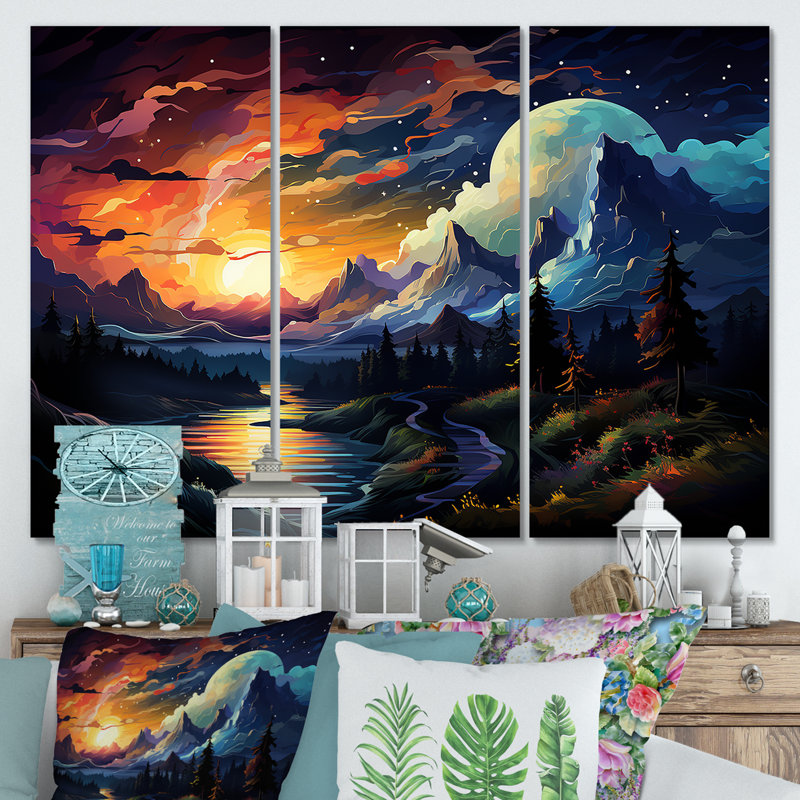 «Yellow Lakeside Mountain Sunset Wonderland II», art mural forêt et rivière, Toile tendue, H 28 po x l 36 po x P 1 po