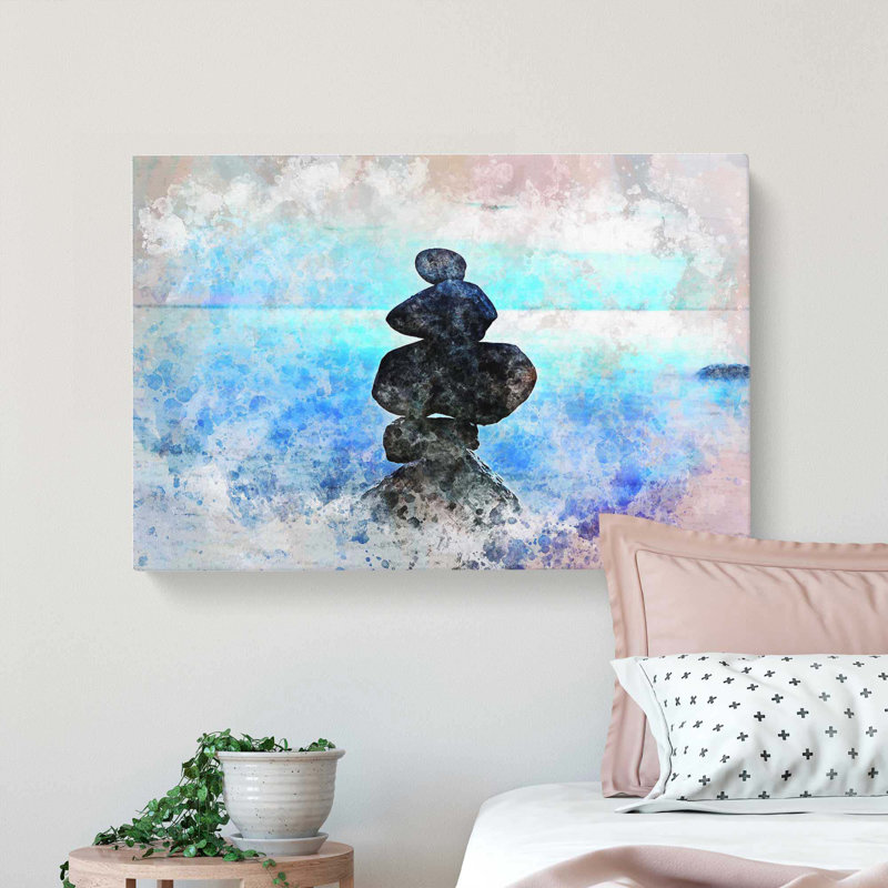 Balancing Zen Stones upon a Lake in Abstract - Wrapped Canvas, 50cm H x 76cm W x 3cm D