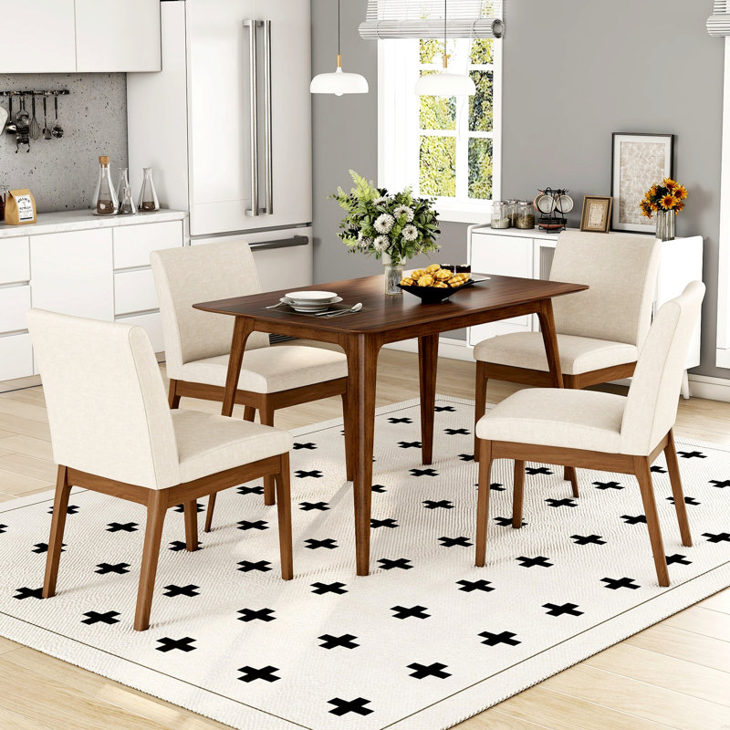 Ensemble de table de salle à manger 5 pièces avec une table en bois massif et 4 chaises rembourrées, Beige