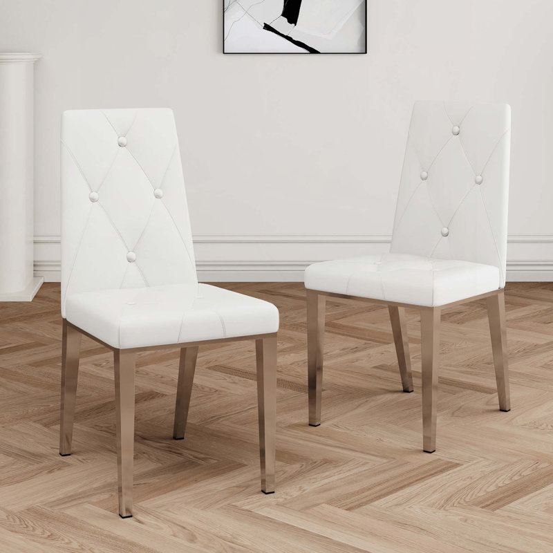Bryttney 19.5'' H Tufted Faux Leather Upholstered Metal Side Chair, White, Chrome